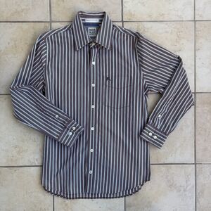 Ruehl No 925 Shirt Men's Medium Brown Blue Stripe Cotton Button Up Casual Y2K